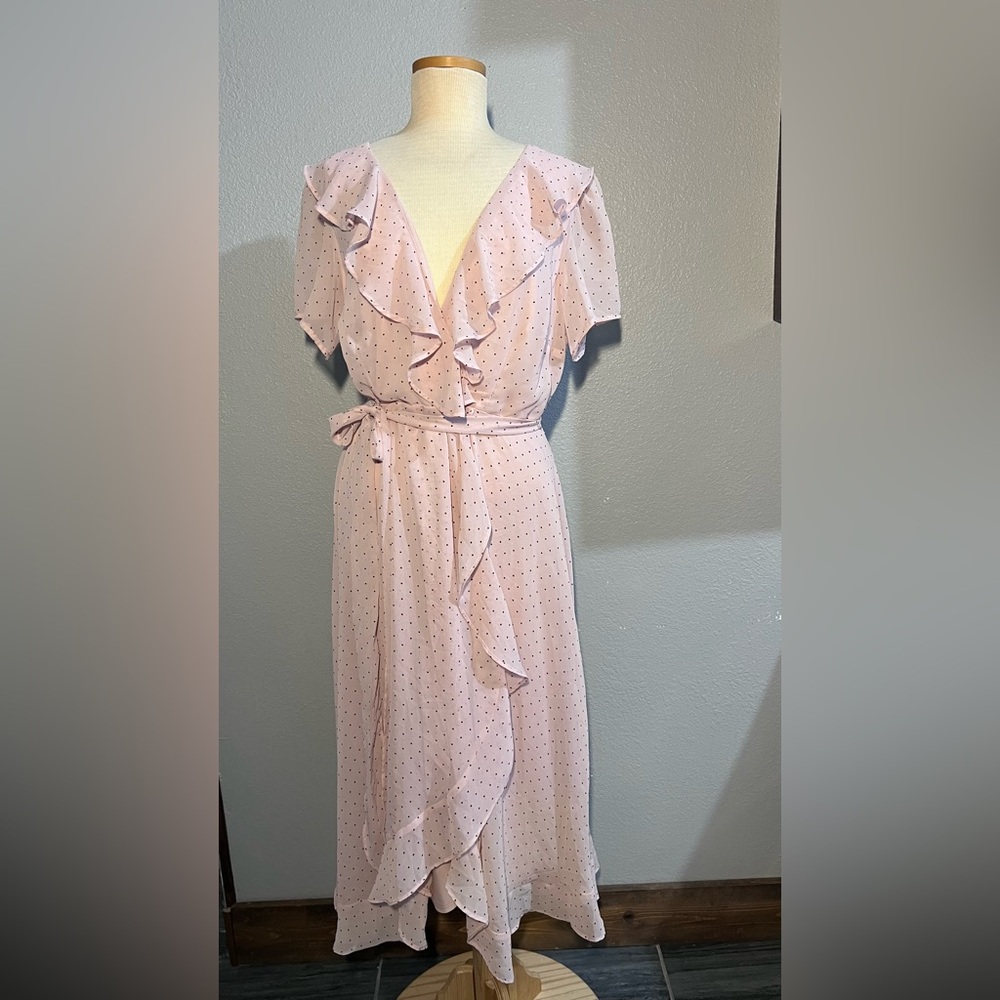 Danny & Nicole Pale Pink Polka Dot Ruffle Wrap Midi Dress